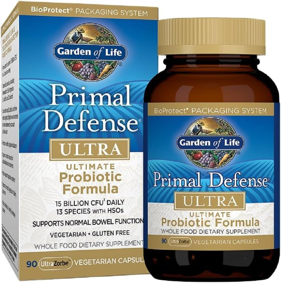 Probiotics for Digestive Health Balance, Primal Defense Ultra Ultimate Formula, 15 Billion CFU and 13 Strains plus Hsos, Vegetarian and Gluten Free, 90 Capsules
